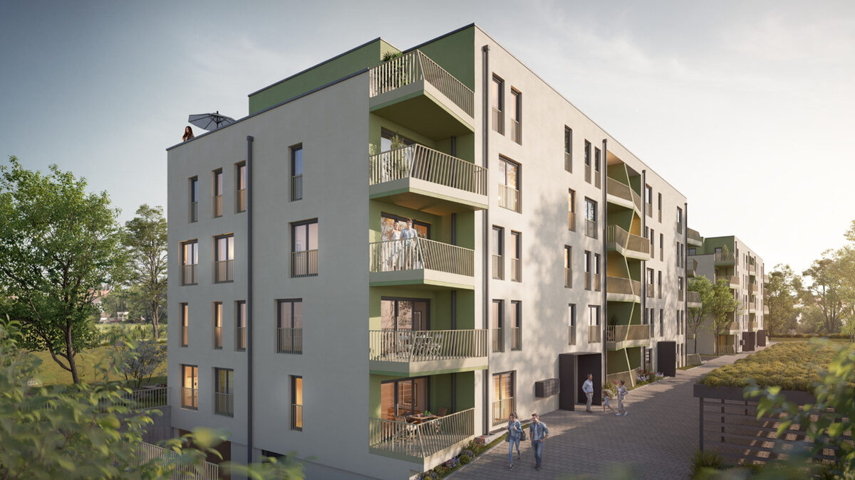 Visualisierung: Hausecke mit grünen Balkonen, Weg zum Eingang und begrüntem Carport-Dach