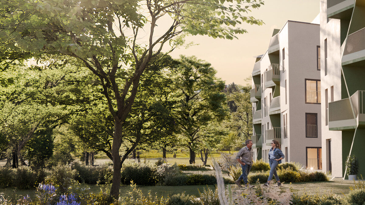 Visualisierung: Garten mit Bäumen, rechts das Wohnhaus