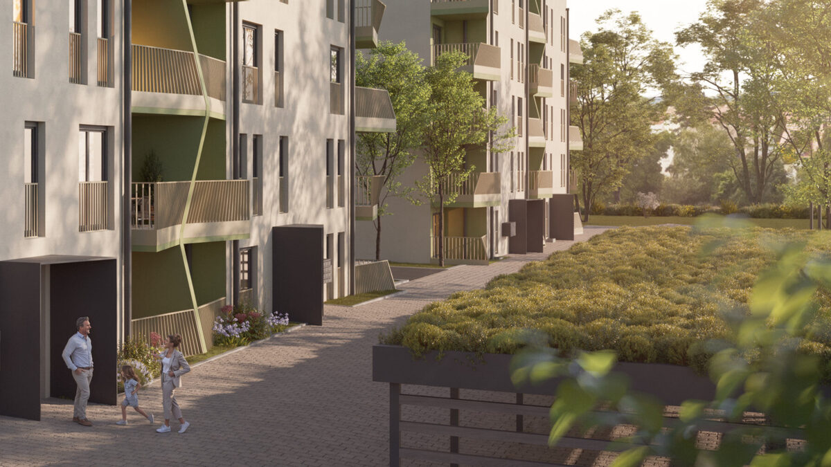 Visualisierung: Zugangsweg zwischen den Häusern mit begrüntem Carport